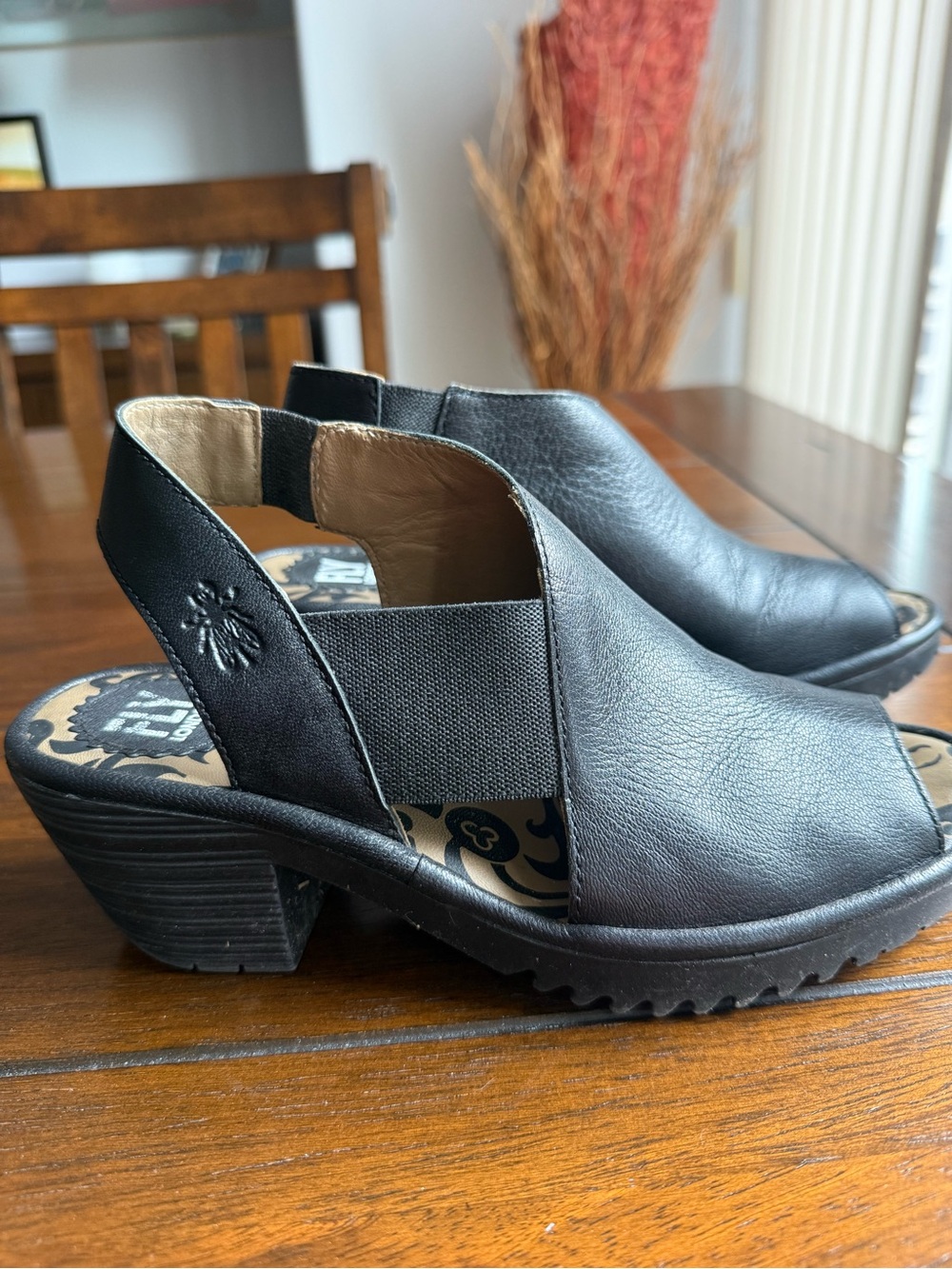 Fly London Black Open-Toe Elastic Slingback Mules